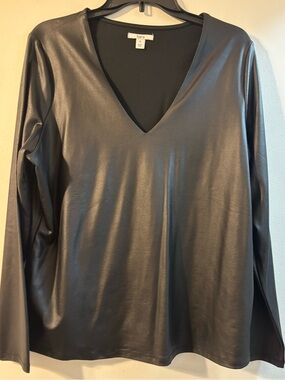 Bar III Black Faux-Leather V-Neck Long Sleeve Top